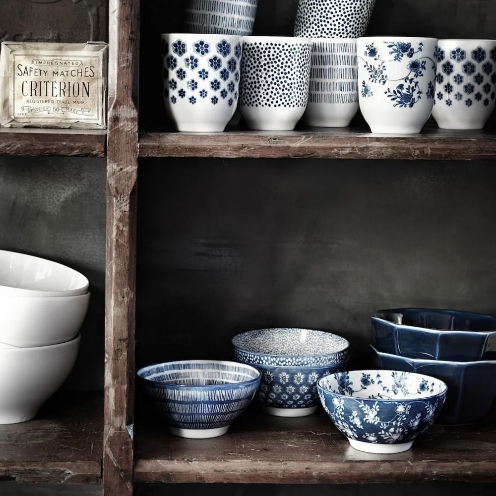 IKEA ENTUSIASM Patterned Blue Bowls, Set of 8, 4 ½” Diameter asian